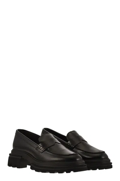Hogan 10-storey Smooth Leather And Workwear Sole Loafers Shoes In Black