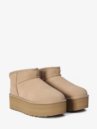 Ugg Womens Beige Classic Ultra Mini Suede And Shearling Platform Ankle Boots Eur 41 / 8 Uk