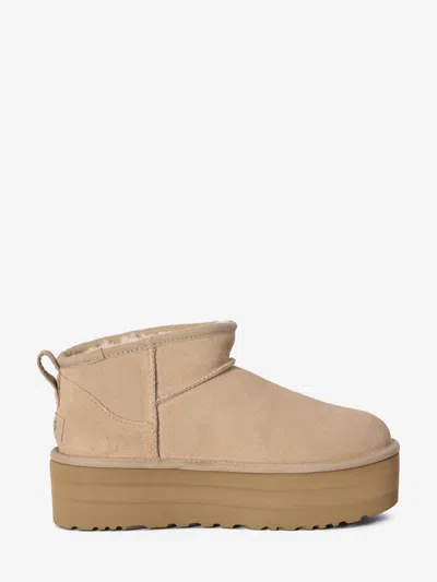Ugg Womens Beige Classic Ultra Mini Suede And Shearling Platform Ankle Boots Eur 41 / 8 Uk
