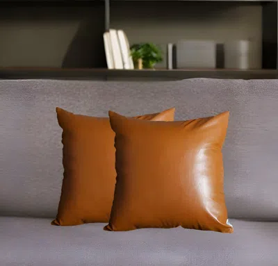 Homezia Set Of 2 Solid Caramel Brown Faux Leather Pillow Covers