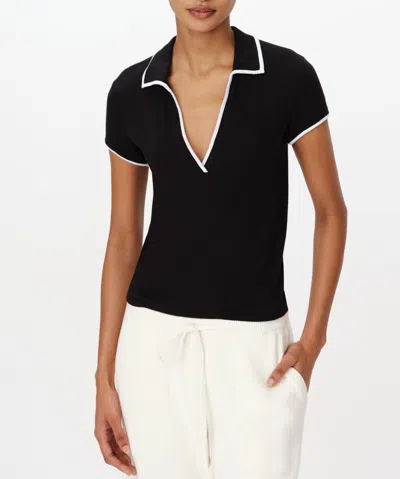 Atm Anthony Thomas Melillo Modal Rib Short Sleeve Split Neck Top In Black