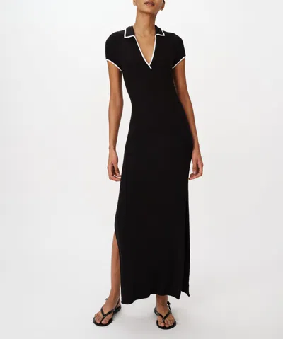 Atm Anthony Thomas Melillo Modal Rib Short Sleeve Split Neck Dress In Black