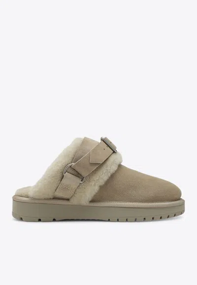 Burberry Buckle Fastening Shearling Suede Mules In Nude