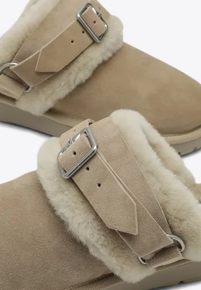 Burberry Buckle Fastening Shearling Suede Mules In Nude