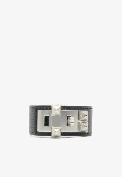 Pre-owned Hermes Collier De Chien 24 Bracelet In Epsom Leather With Palladium Hardware In Black