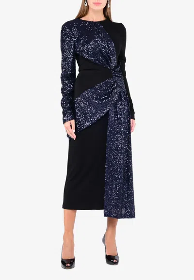 Prabal Gurung Colorblock Sequined Midi Dress With Front Knot In Blue
