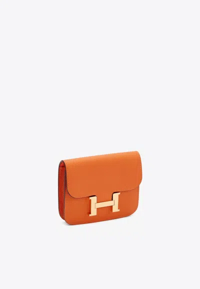 Pre-owned Hermes Constance Slim Wallet In Orange H Epsom With Gold Hardware