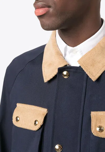 Thom Browne Thom Brown Contrasted Corduroy Cropped Coat In Navy