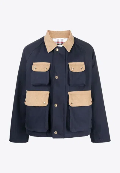 Thom Browne Thom Brown Contrasted Corduroy Cropped Coat In Navy