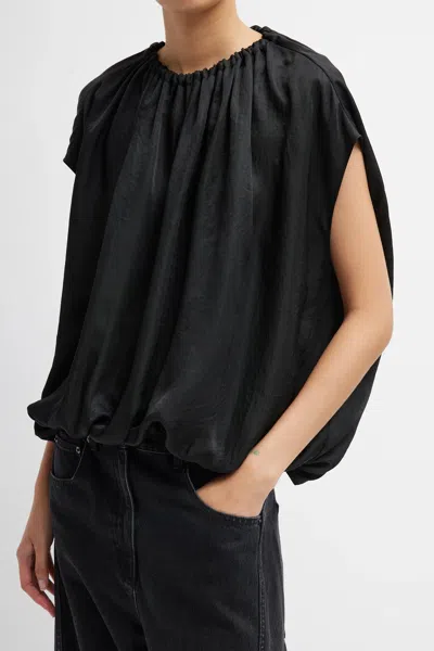Tibi Light Weight Acetate Shirred Neck Circular Top In Black