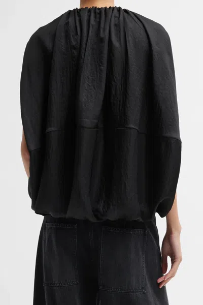 Tibi Light Weight Acetate Shirred Neck Circular Top In Black