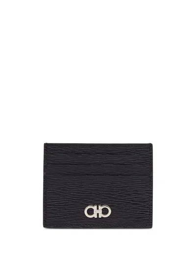 Ferragamo Black Leather Card Holder With Gancini Logo