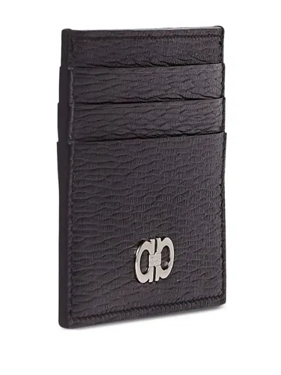 Ferragamo Black Leather Card Holder With Gancini Logo
