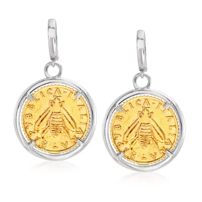 Ross-simons Italian Replica Lira Bee Coin Drop Earrings In Sterling Silver And 18kt Gold Over Sterling In White