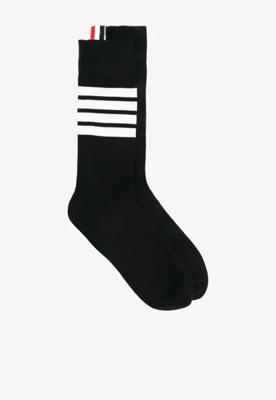 Thom Browne Navy Cotton 4-bar Mid Calf Socks In Black