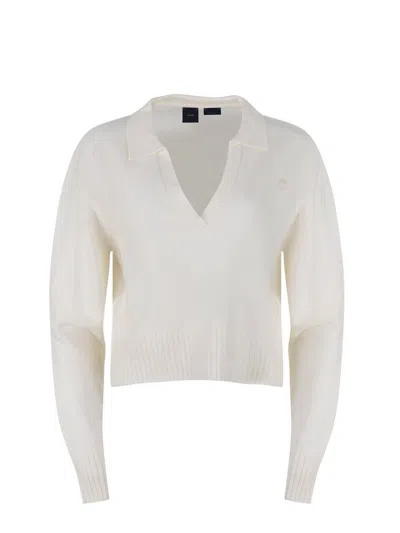 Pinko Short Cashmere-blend Sweater With Collar In White