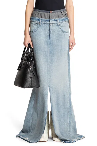 Maison Margiela Light Blue Long Skirt With Front Slit And Five Pocket Design In Denim Woman In Blue