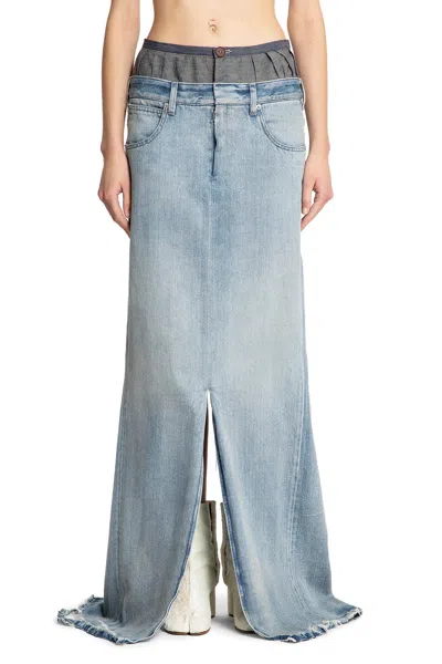 Maison Margiela Light Blue Long Skirt With Front Slit And Five Pocket Design In Denim Woman In Blue