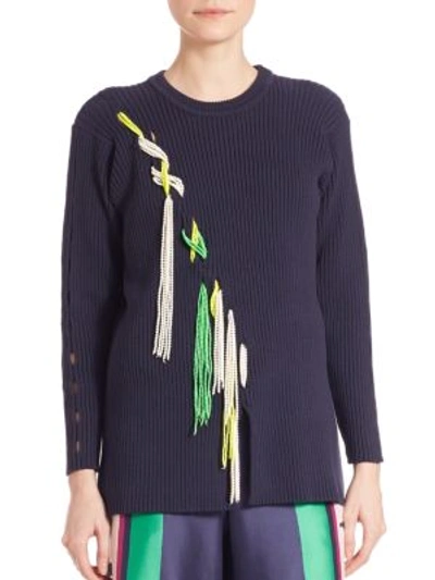 Tanya Taylor Ribbed Beaded Sweater In Midnight