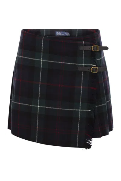 Polo Ralph Lauren Plaid Pleated Wool Twill Wrap Skirt In Navy