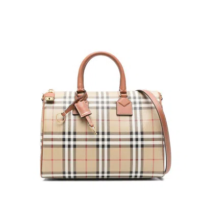 Burberry Checkered Canvas Medium Handbag With Leather Trim In Multicolor