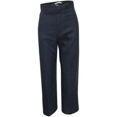 Jacquemus High-waist Straight-leg Pants In Navy Linen In Blue