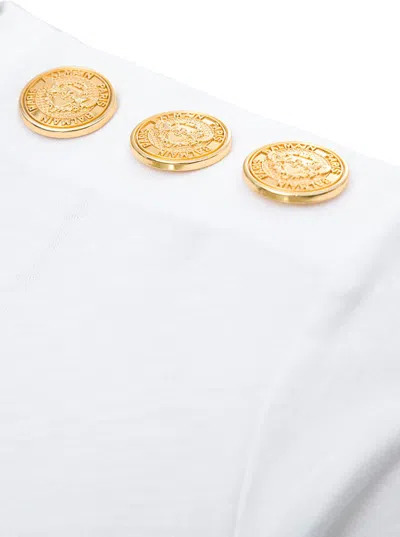 BALMAIN WHITE CREWNECK T-SHIRT WITH LOGO PRINT AND GOLDEN BUTTONS IN JERSEY WOMAN 