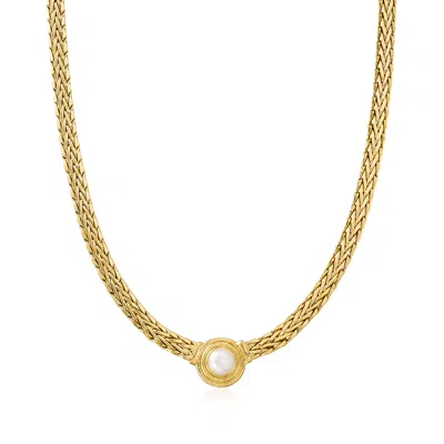 Ross-simons 8mm Cultured Pearl Flat Wheat-chain Necklace In 18kt Gold Over Sterling In Multi