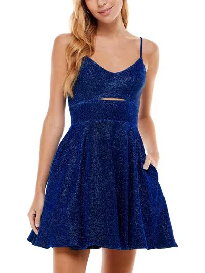 City Studios Juniors' Asymmetric One-shoulder Glitter Fit & Flare Dress In Blue