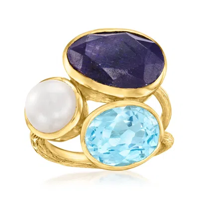 Ross-simons 8mm Cultured Pearl, Sapphire And Sky Blue Topaz Ring In 18kt Gold Over Sterling In Blue