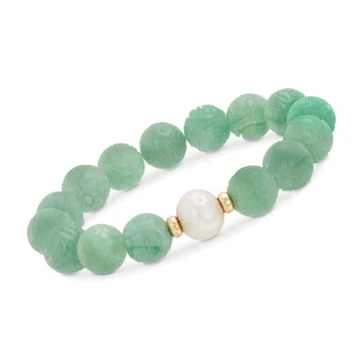 Ross-simons 11-12mm Cultured Pearl And Carved Green Jade Chinese "dragon" Bead Stretch Bracelet With 14kt Gold In Multi