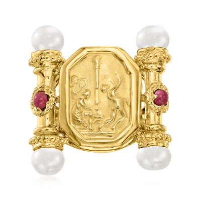Ross-simons Italian Tagliamonte 5-5.5mm Cultured Pearl And . Ruby Cameo-style Ring In 18kt Gold Over Sterling In Red