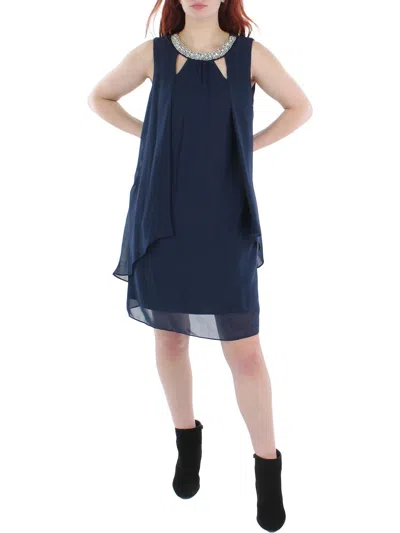 Slny Tiered Embellished Scoop Neck Dress In Blue