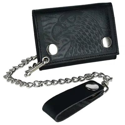 Ctm Men's Leather Eagle Imprint Trifold Chain Wallet In Black
