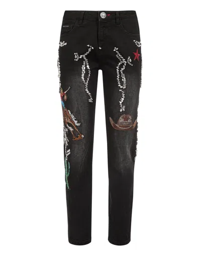 Philipp Plein Jewel All Over Distressed Boyfriend Cut Chicago Light Jeans In Beige
