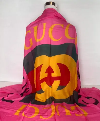 Gucci Women Bright Pink Wool/silk Grg Web Gg Logo Scarf Shawl In Bright Pink