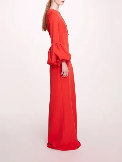 Marchesa Puffed Sleeve Column Gown In Scarlet