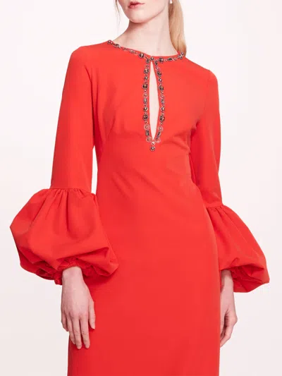 Marchesa Puffed Sleeve Column Gown In Scarlet
