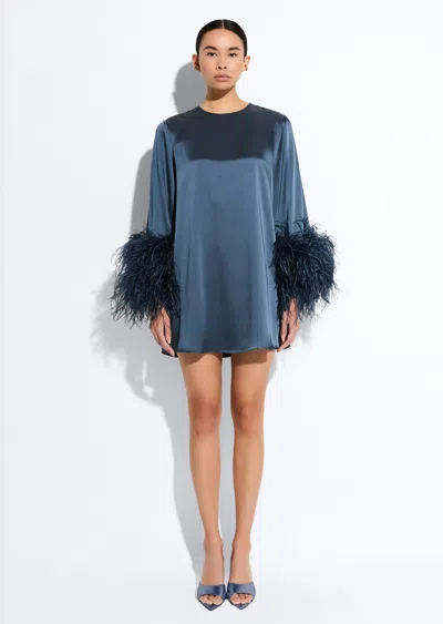 Lapointe Satin Dress With Feathers In Marine