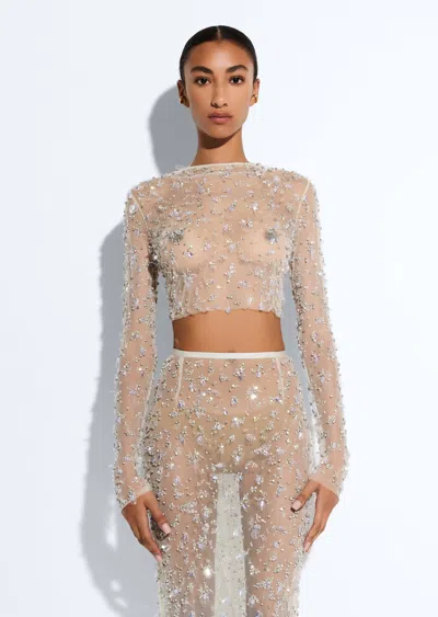 Lapointe Embroidered Mesh Cropped Top In Washed Silver