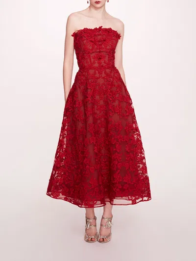 Marchesa Strapless Corded Midi Dress In Burgundy