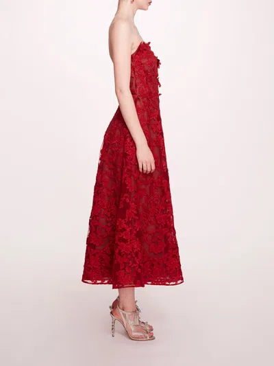 Marchesa Strapless Corded Midi Dress In Burgundy