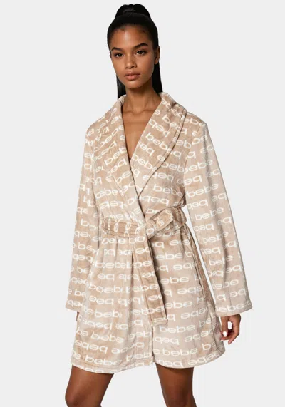 Bebe Printed Plush Robe In Warm Taupe