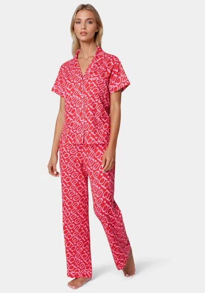Bebe Marshmallow Printed Notch Collar Pant Set In Crimson