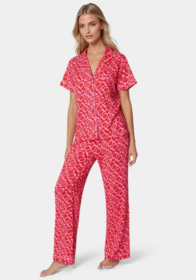 Bebe Marshmallow Printed Notch Collar Pant Set In Crimson