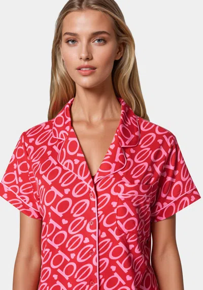 Bebe Marshmallow Printed Notch Collar Pant Set In Crimson