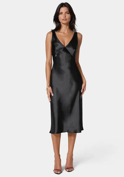 Bebe Satin Midi Dress With Lace Trim In Black