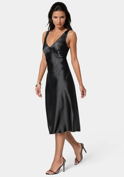 Shop Bebe Satin Midi Dress With Lace Trim In Black