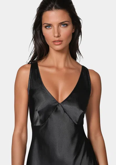Shop Bebe Satin Midi Dress With Lace Trim In Black