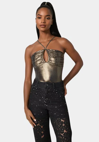 Shop Bebe Foil Knit Ruched Top In Bronze
